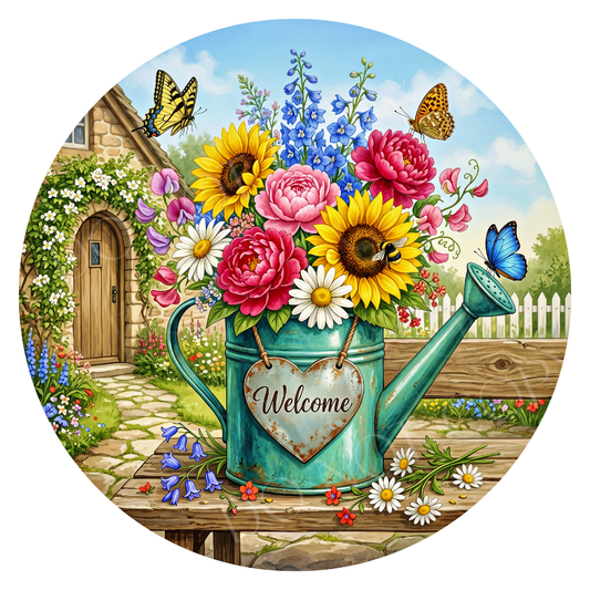 Welcome Wreath Sign, Round Metal Sign For Wreaths, Wreath Attachment, Watering Can Wreath Sign, Floral Wreath Sign