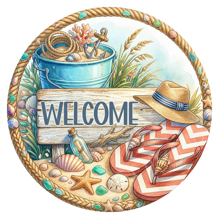 Welcome Beach Wreath Sign, Round Metal Sign For Wreaths, Wreath Attachment, Summer Beach Wreath Sign