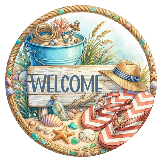 Welcome Beach Wreath Sign, Round Metal Sign For Wreaths, Wreath Attachment, Summer Beach Wreath Sign