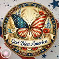 God Bless America Wreath Sign, Round Metal Sign For Wreaths, Wreath Attachment, Patriotic Christian Butterfly Wreath Sign