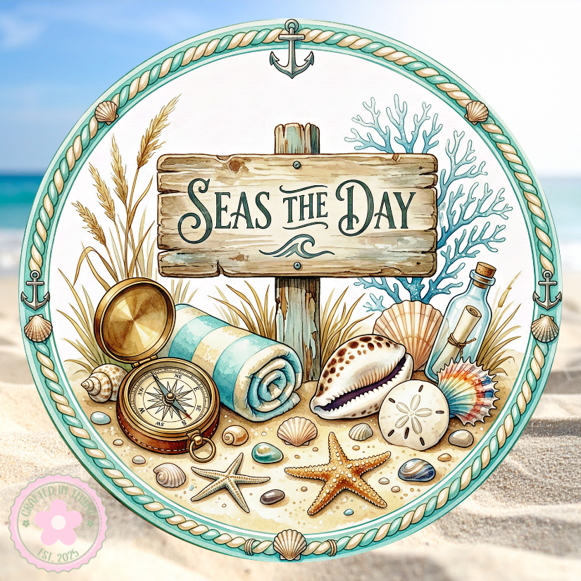 Seas The Day Wreath Sign, Round Metal Sign For Wreaths, Wreath Attachment, Summer Beach Wreath Sign