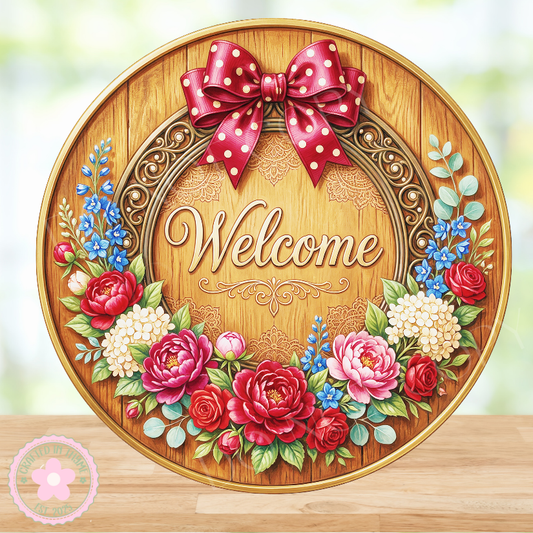 Welcome Wood Look Wreath Sign, Round Metal Sign For Wreaths, Wreath Attachment, Floral Wreath Sign