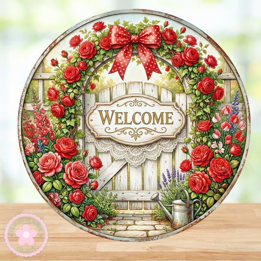 Welcome Wreath Sign, Round Metal Sign For Wreaths, Wreath Attachment, Red Roses Wreath Sign