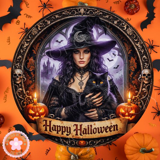 Witch & Black Cat Wreath Sign, Round Metal Sign For Wreaths, Witch Wreath Attachment, Halloween Fall Wreath Sign