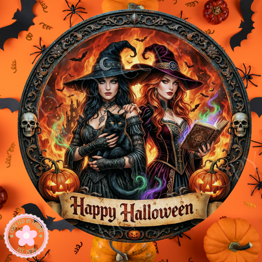 Witches Happy Halloween Wreath Sign, Round Metal Sign For Wreaths, Witch Wreath Attachment, Halloween Fall Wreath Sign