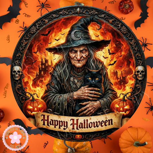 Old Witch Wreath Sign, Round Metal Sign For Wreaths, Witch Wreath Attachment, Halloween Fall Wreath Sign