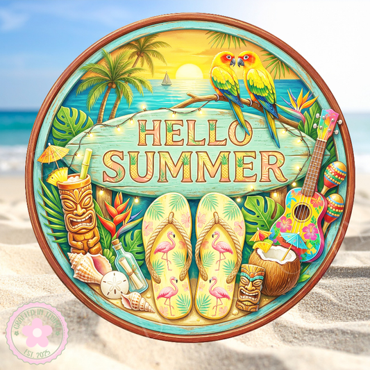 Hello Summer Wreath Sign, Round Metal Sign For Wreaths, Wreath Attachment, Summer Beach Wreath Sign