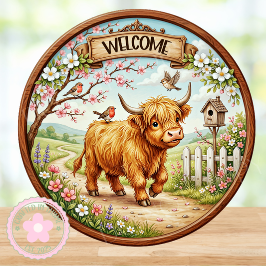 Welcome Highland Cow Wreath Sign, Round Metal Sign For Wreaths, Wreath Attachment, Farmhouse Rustic Wreath Sign