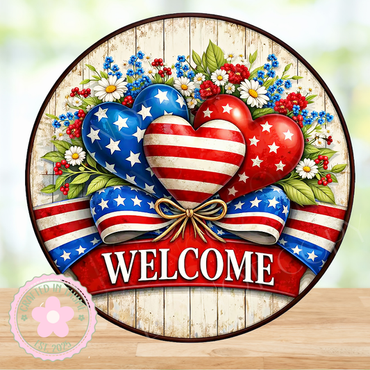 Patriotic Welcome Hearts Wreath Sign, Round Metal Sign For Wreaths, Wreath Attachment, Patriotic Stars & Stripes Wreath Sign