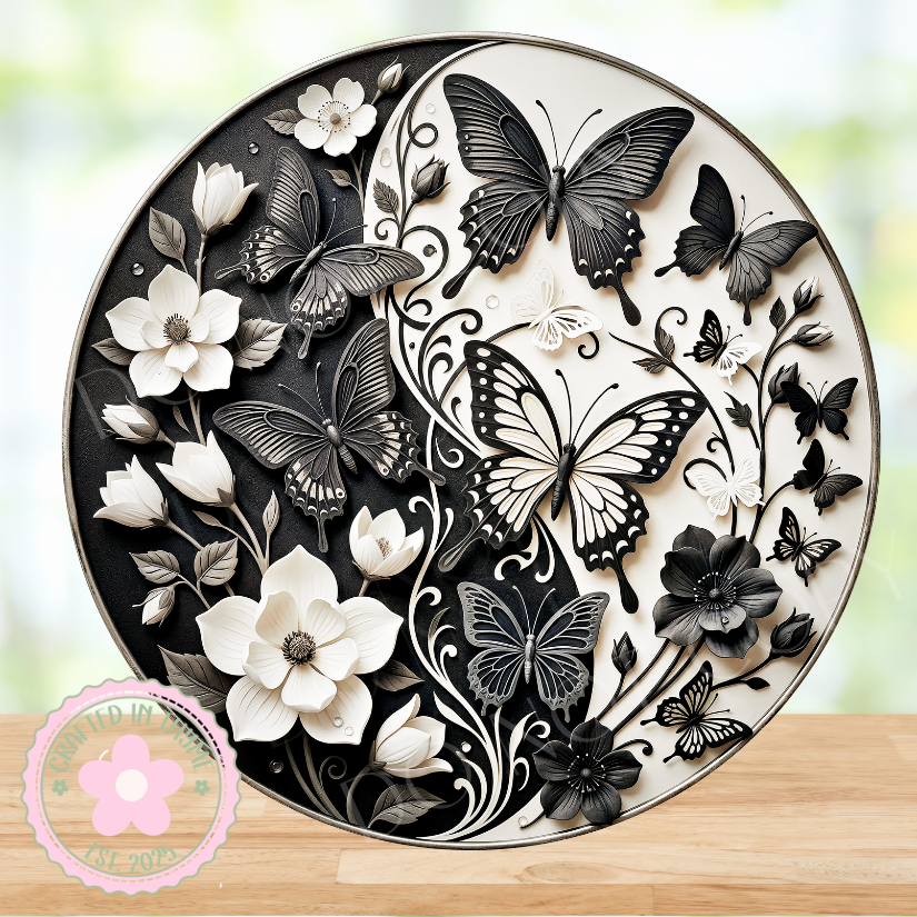 Black & White Floral Butterflies Wreath Sign, Round Metal Sign For Wreaths, Wreath Attachment, Ying Yang Wreath Sign