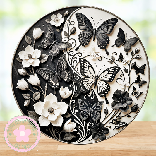 Black & White Floral Butterflies Wreath Sign, Round Metal Sign For Wreaths, Wreath Attachment, Ying Yang Wreath Sign
