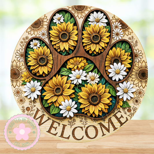 Welcome Dog Paw Sunflowers Wreath Sign, Round Metal Sign For Wreaths, Wreath Attachment, Dog Lover Wreath Sign