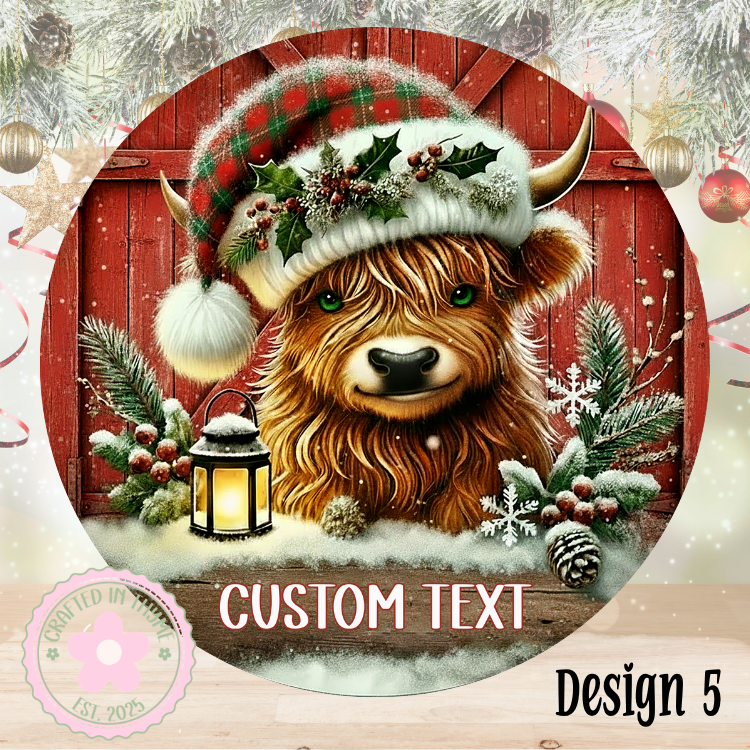 Christmas Highland Cow Wreath Sign, Round Metal Sign For Wreaths, Wreath Attachment, Winter Holiday Christmas Wreath Sign