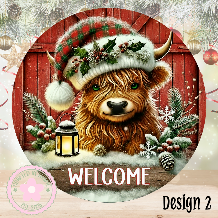 Christmas Highland Cow Wreath Sign, Round Metal Sign For Wreaths, Wreath Attachment, Winter Holiday Christmas Wreath Sign