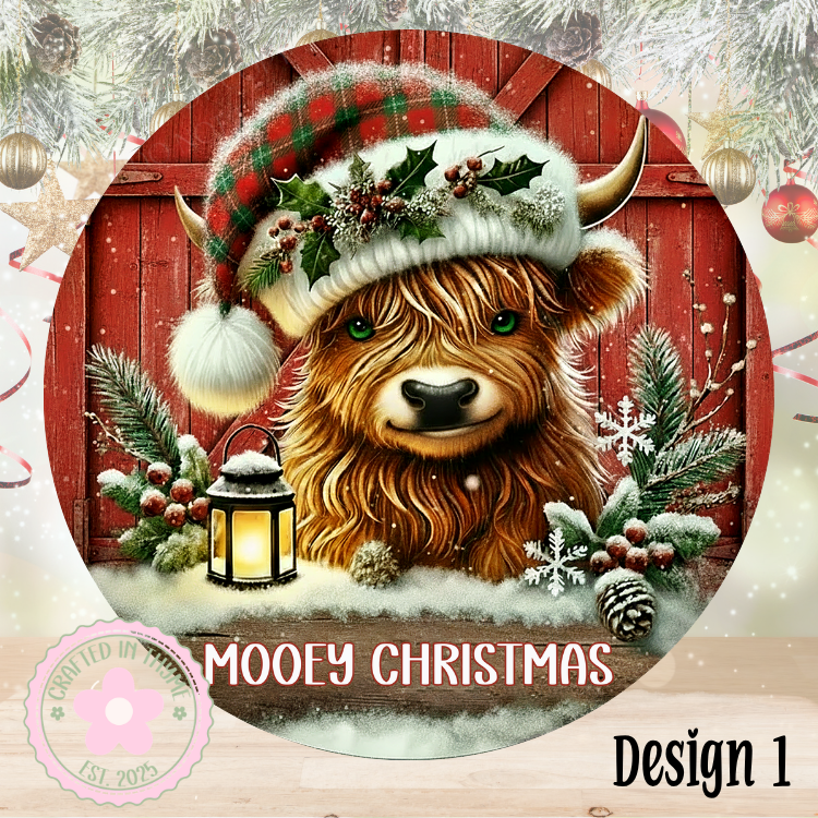 Christmas Highland Cow Wreath Sign, Round Metal Sign For Wreaths, Wreath Attachment, Winter Holiday Christmas Wreath Sign