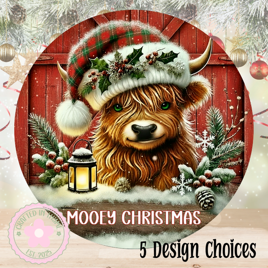 Christmas Highland Cow Wreath Sign, Round Metal Sign For Wreaths, Wreath Attachment, Winter Holiday Christmas Wreath Sign