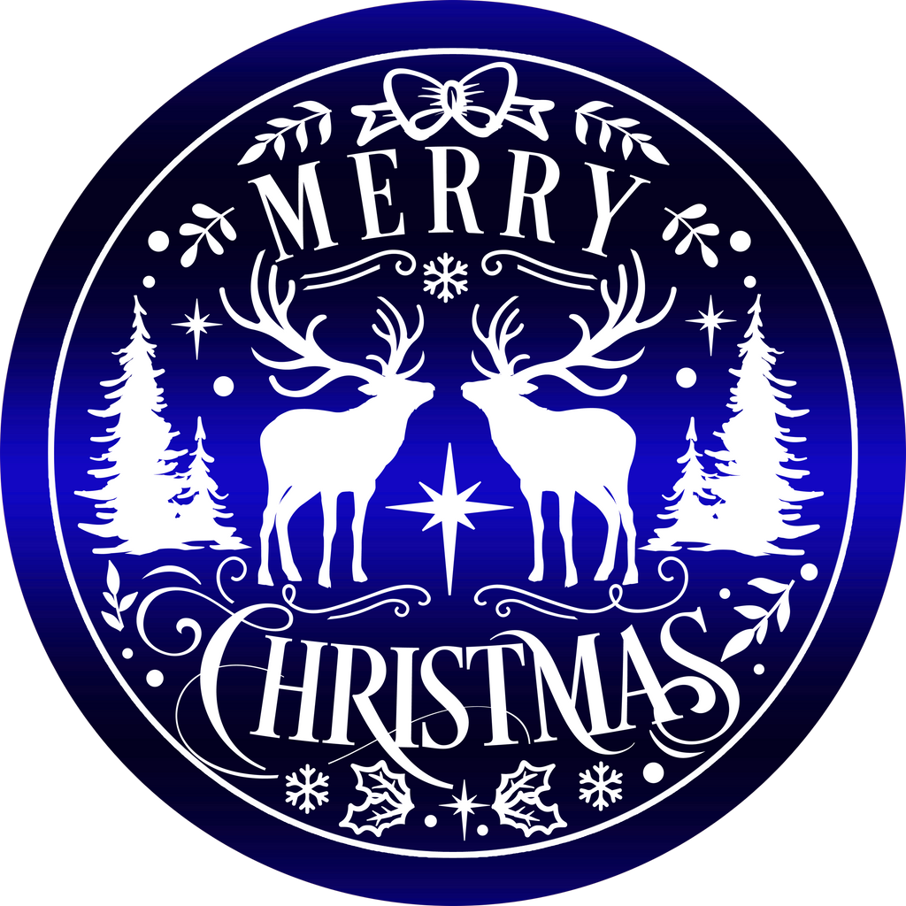 Blue Merry Christmas with Reindeer Wreath Sign