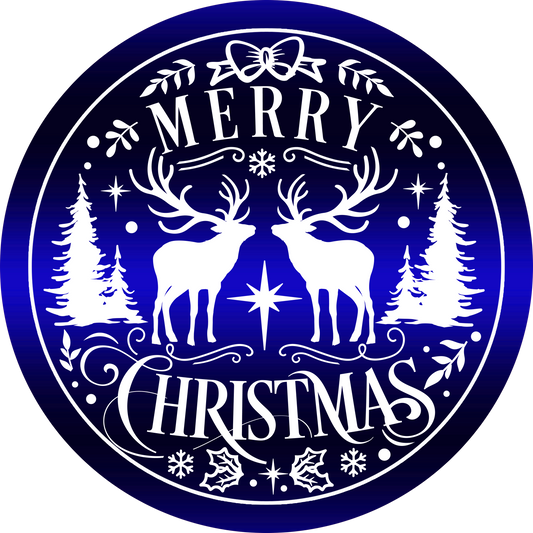 Blue Merry Christmas with Reindeer Wreath Sign