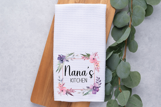 Nana's Kitchen Floral Frame Kitchen Dish Towel, Hand Tea Towel, Custom Gift