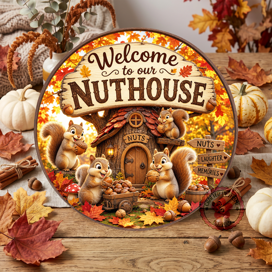 Welcome To Our Nuthouse Wreath Sign, Round Metal Sign For Wreaths, Wreath Attachment, Halloween Fall Wreath Sign