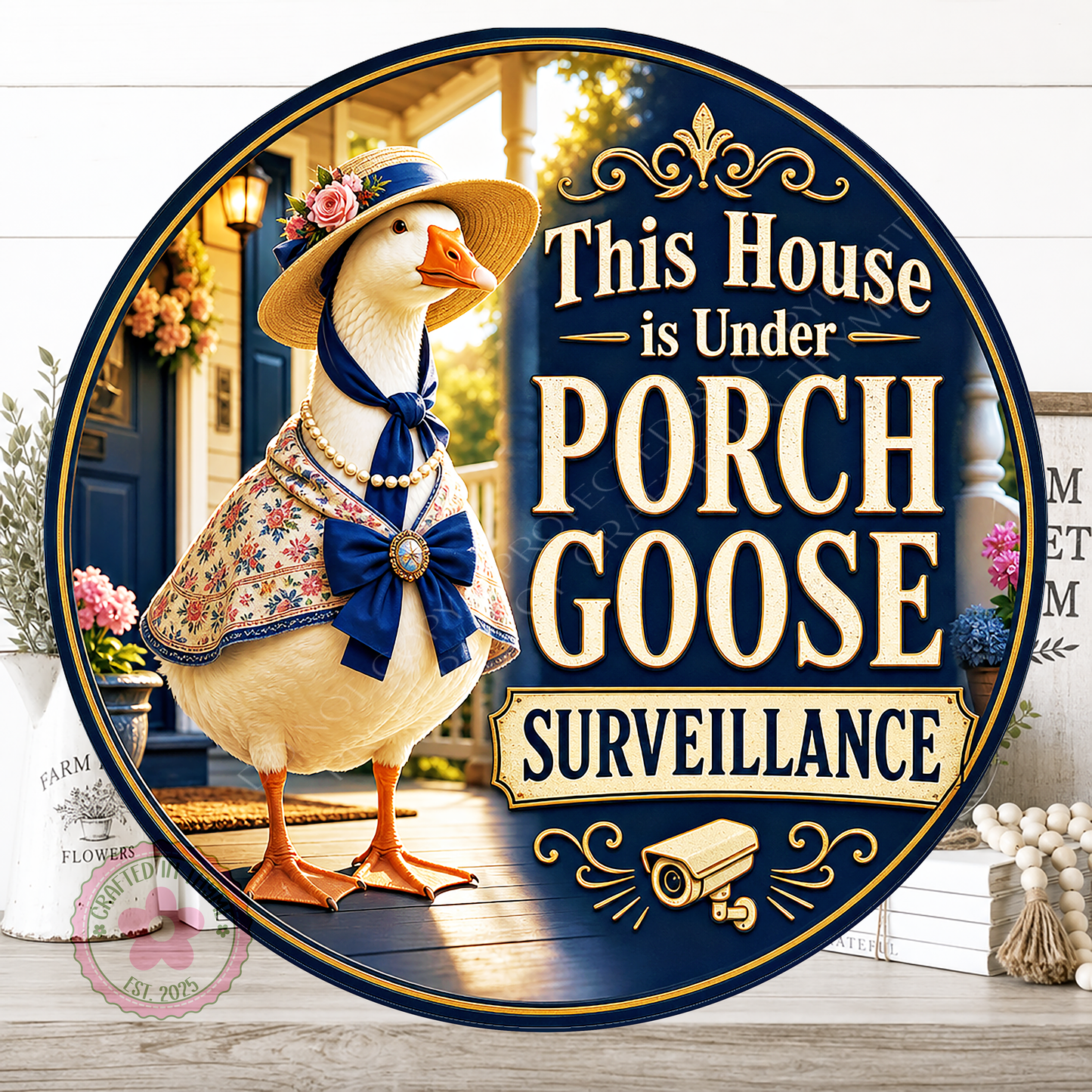 This House Is Under Porch Goose Surveillance Wreath Sign, Round Metal Sign For Wreaths: Porch Goose Decor