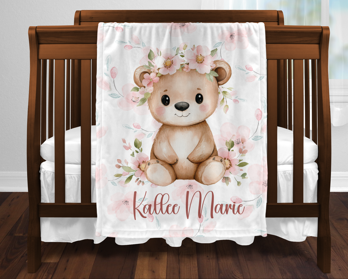 Custom Baby Girl Floral Bear Blanket, New Baby Gift, Baby Shower Gift, Gift For Girl, Pink Nursery Blanket, Toddler Blanket, Bear Nursery
