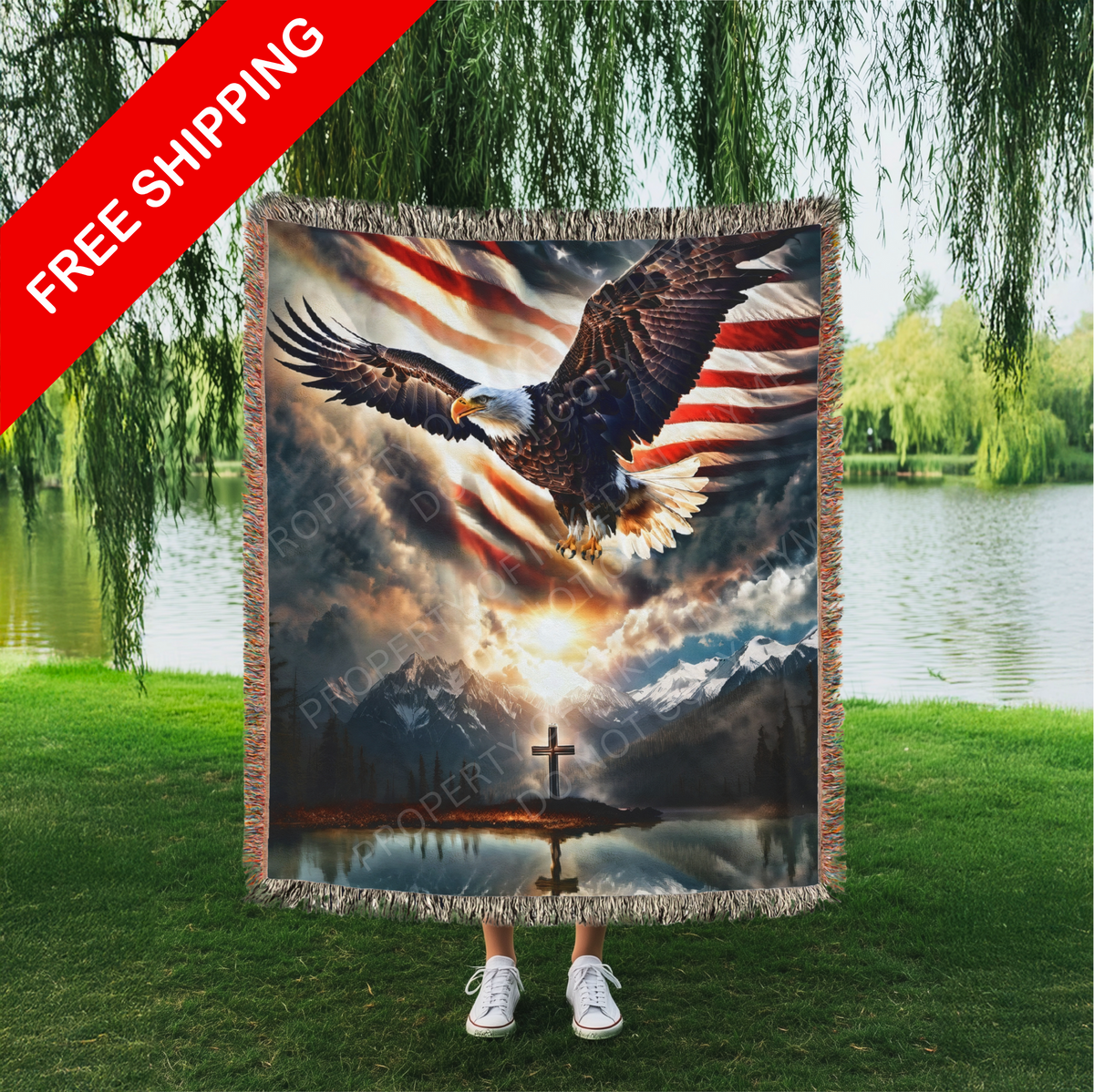 Spirit Of Freedom Eagle & American Flag Woven Blanket, Throw Blanket, Bedroom Decor, Living Room Decor, Patriotic Decor Gift, Fathers Day Gift