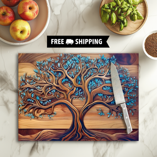 Tree Of Life Tempered Glass Cutting Board, FAUX Wood Charcuterie Board, Wedding Engagement Gift, Housewarming New Home Gift, Anniversary Gift