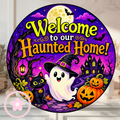 Welcome To Our Haunted Home Wreath Sign, Round Metal Sign For Wreaths, Ghost Wreath Attachment, Halloween Fall Wreath Sign