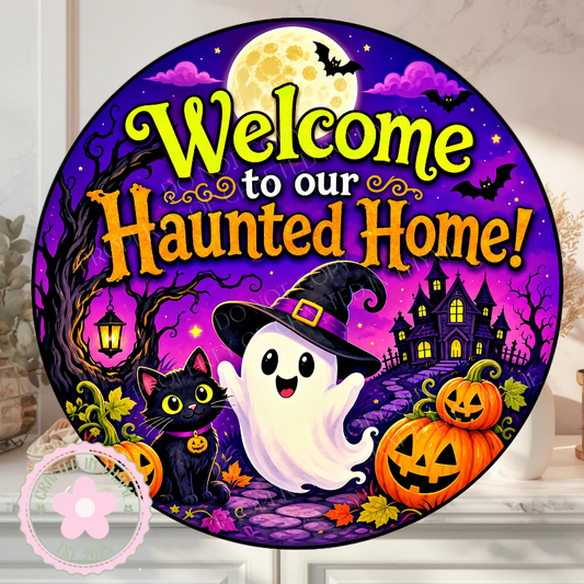 Welcome To Our Haunted Home Wreath Sign, Round Metal Sign For Wreaths, Ghost Wreath Attachment, Halloween Fall Wreath Sign