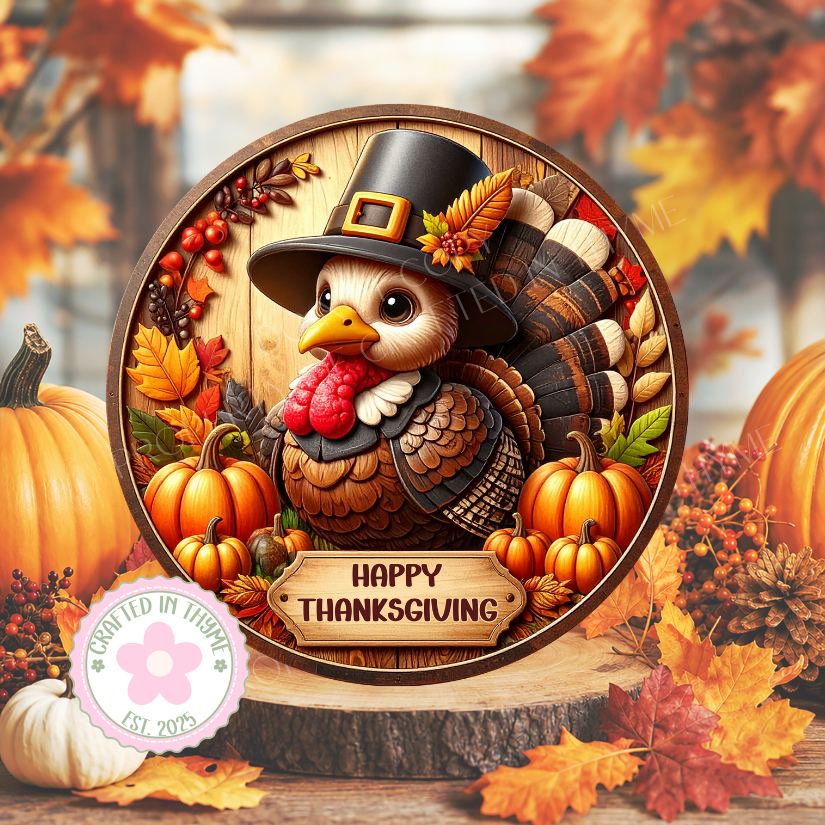 Turkey Happy Thanksgiving Wreath Sign, Round Metal Sign For Wreaths, Wreath Attachment, Thanksgiving Fall Wreath Sign