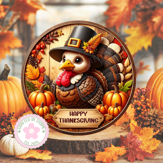 Turkey Happy Thanksgiving Wreath Sign, Round Metal Sign For Wreaths, Wreath Attachment, Thanksgiving Fall Wreath Sign