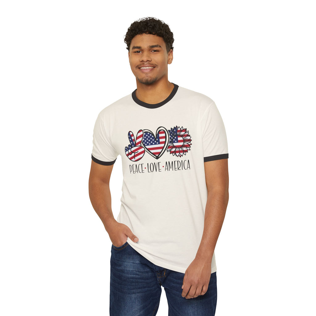 Peace Love America Unisex Cotton Ringer T-Shirt | Patriotic Tee for Memorial Day, Independence Day, 4th of July, American Pride Shirt