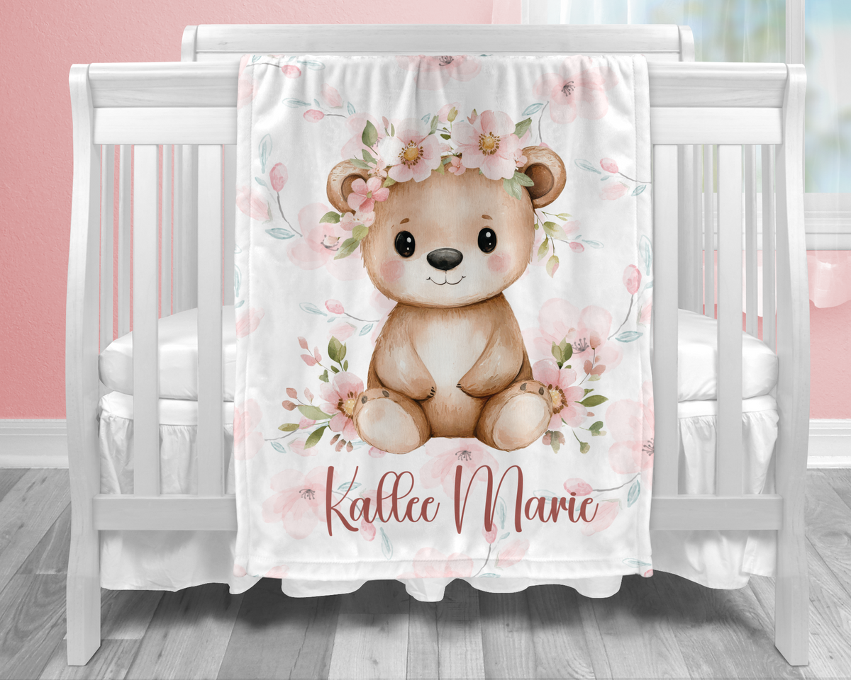 Custom Baby Girl Floral Bear Blanket, New Baby Gift, Baby Shower Gift, Gift For Girl, Pink Nursery Blanket, Toddler Blanket, Bear Nursery