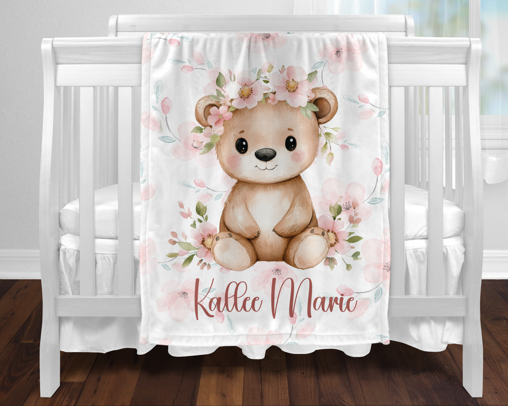 Custom Baby Girl Floral Bear Blanket, New Baby Gift, Baby Shower Gift, Gift For Girl, Pink Nursery Blanket, Toddler Blanket, Bear Nursery
