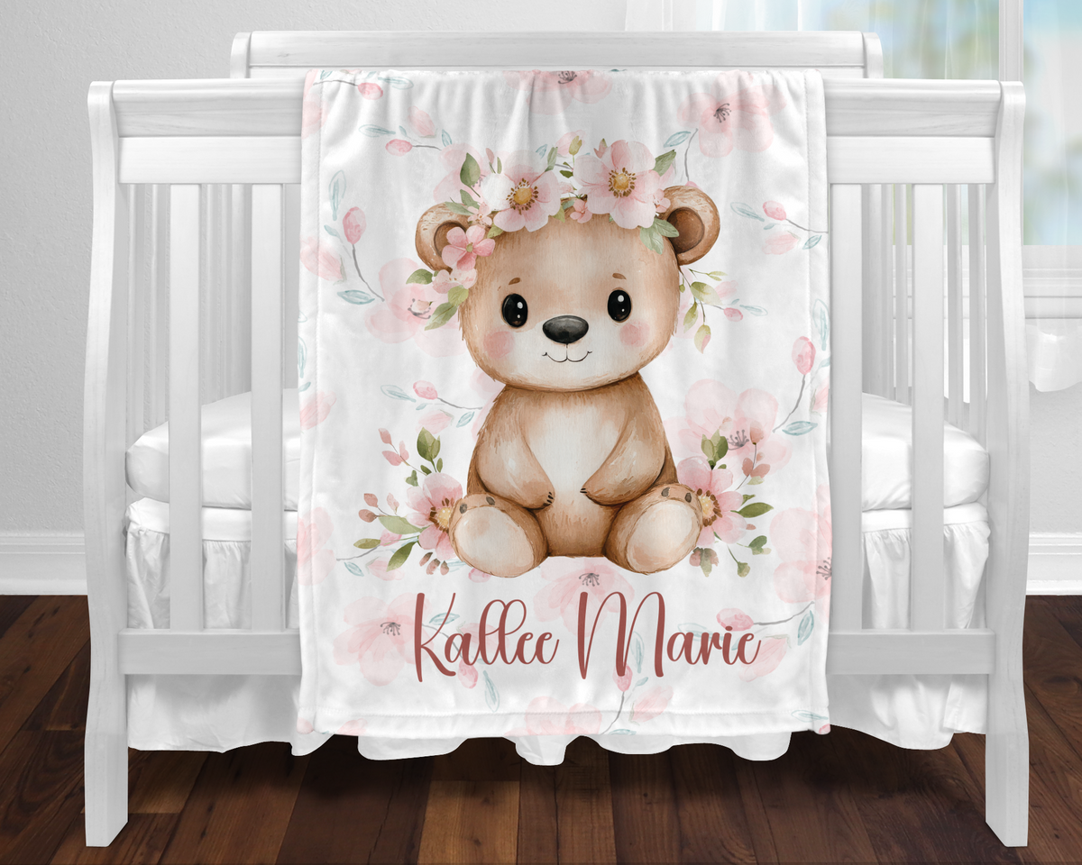 Custom Baby Girl Floral Bear Blanket, New Baby Gift, Baby Shower Gift, Gift For Girl, Pink Nursery Blanket, Toddler Blanket, Bear Nursery