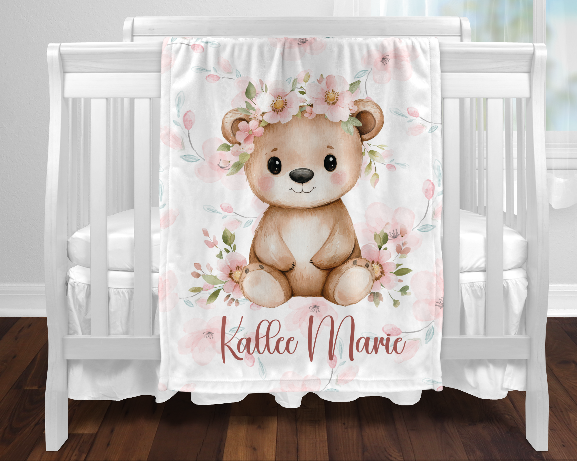 Custom Baby Girl Floral Bear Blanket, New Baby Gift, Baby Shower Gift, Gift For Girl, Pink Nursery Blanket, Toddler Blanket, Bear Nursery