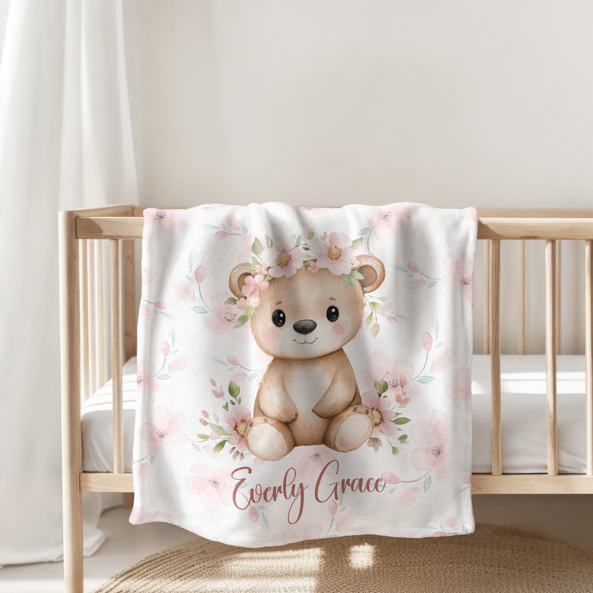 Custom Baby Girl Floral Bear Blanket, New Baby Gift, Baby Shower Gift, Gift For Girl, Pink Nursery Blanket, Toddler Blanket, Bear Nursery