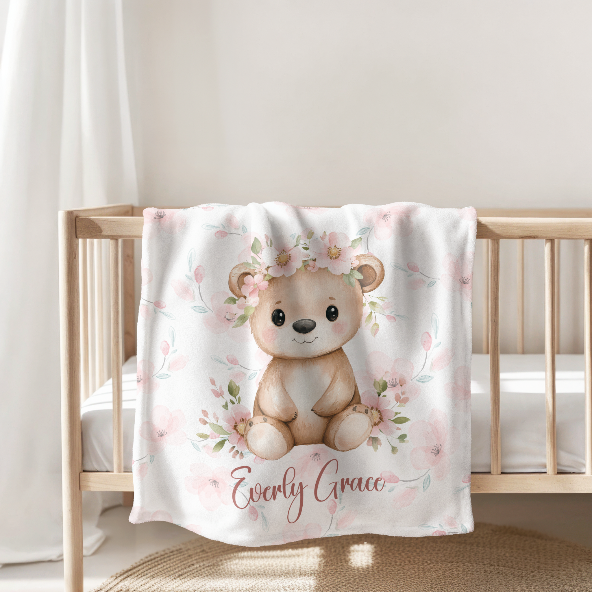 Custom Baby Girl Floral Bear Blanket, New Baby Gift, Baby Shower Gift, Gift For Girl, Pink Nursery Blanket, Toddler Blanket, Bear Nursery