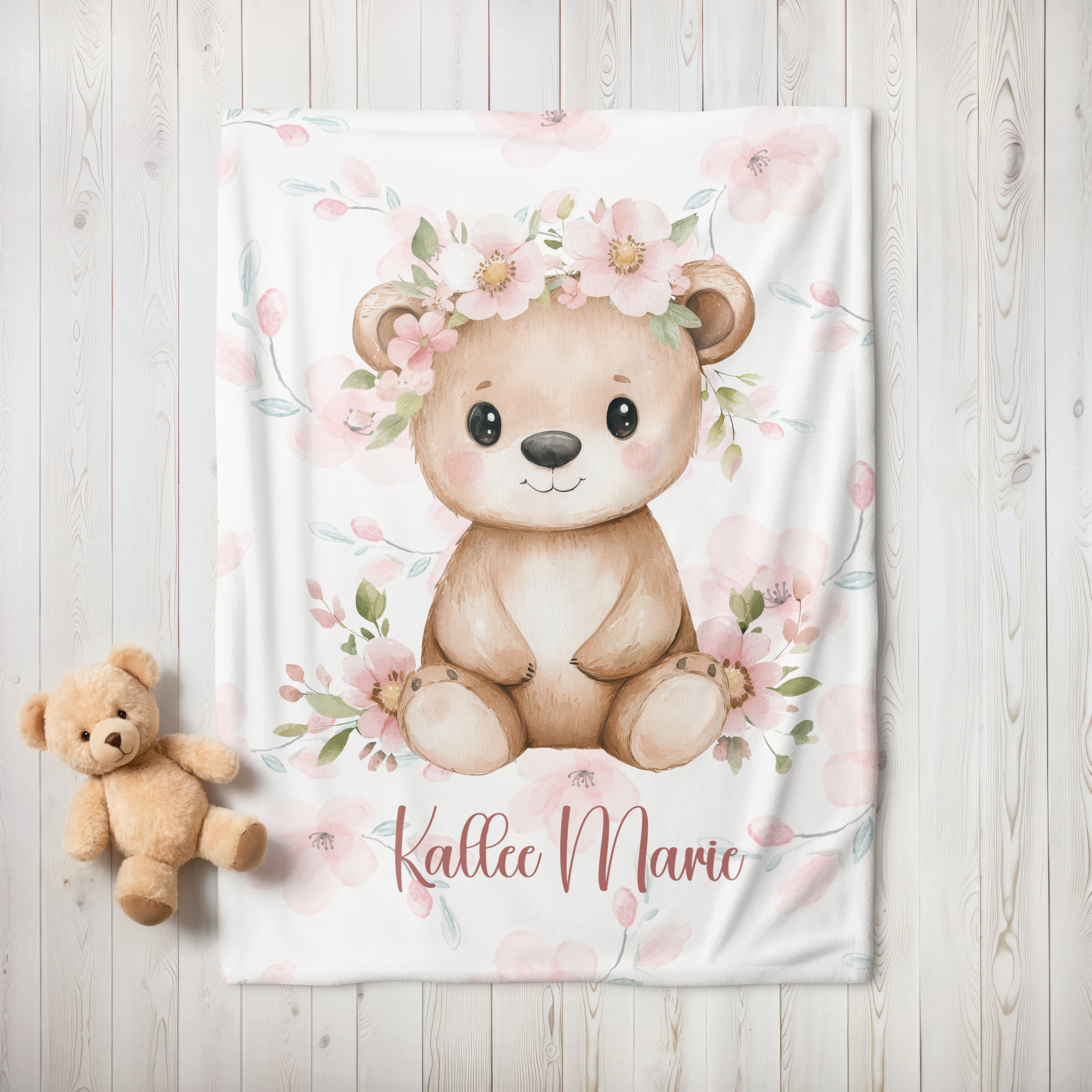 Custom Baby Girl Floral Bear Blanket, New Baby Gift, Baby Shower Gift, Gift For Girl, Pink Nursery Blanket, Toddler Blanket, Bear Nursery