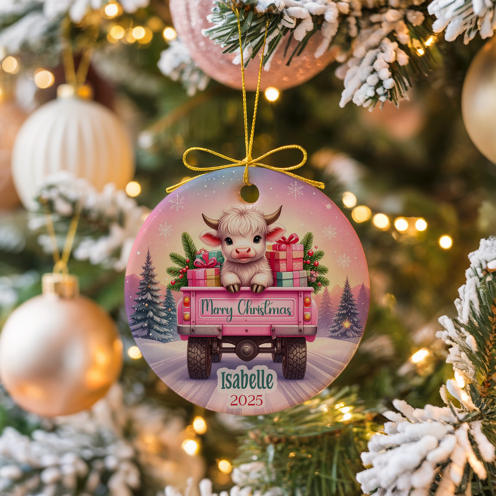 Personalized Pink Highland Cow Ornament, Kids Gift Ornament, Add Any Name Keepsake Ornament, Gift For Grandchild, Highland Cow Lover Gift
