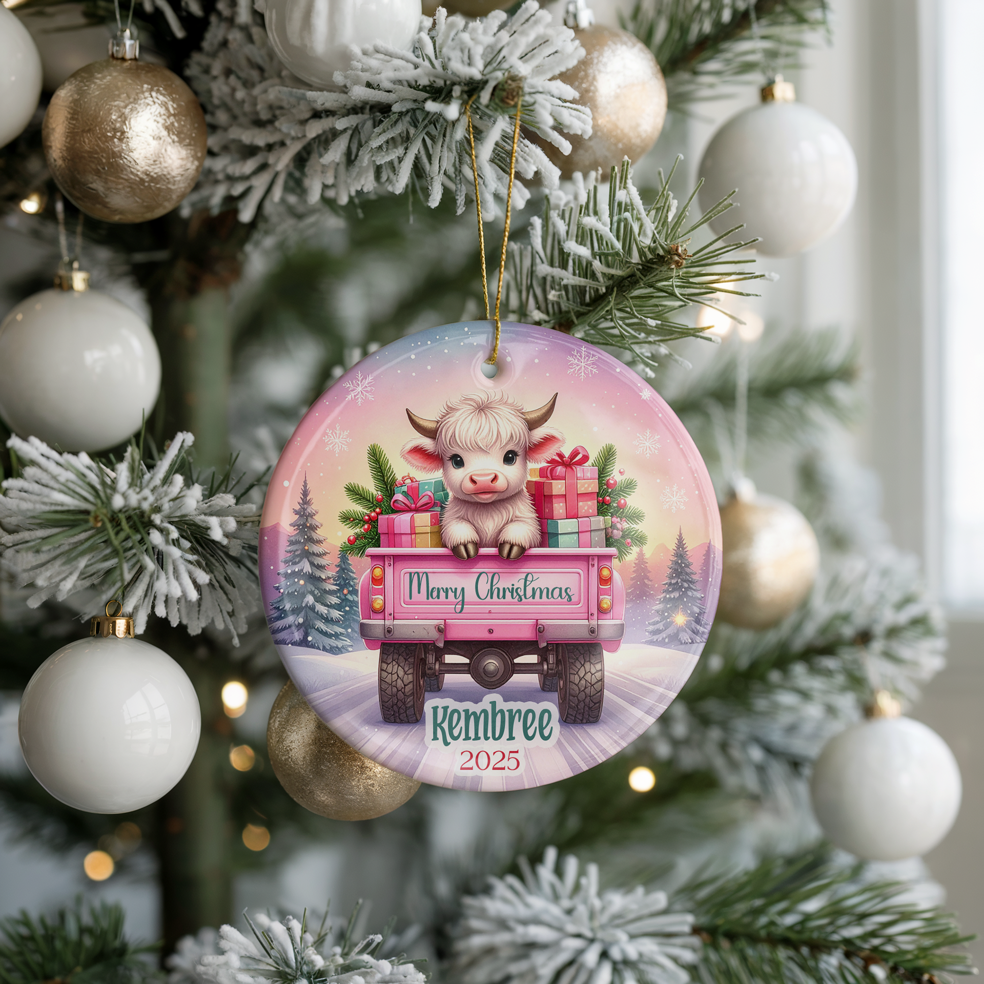 Personalized Pink Highland Cow Ornament, Kids Gift Ornament, Add Any Name Keepsake Ornament, Gift For Grandchild, Highland Cow Lover Gift