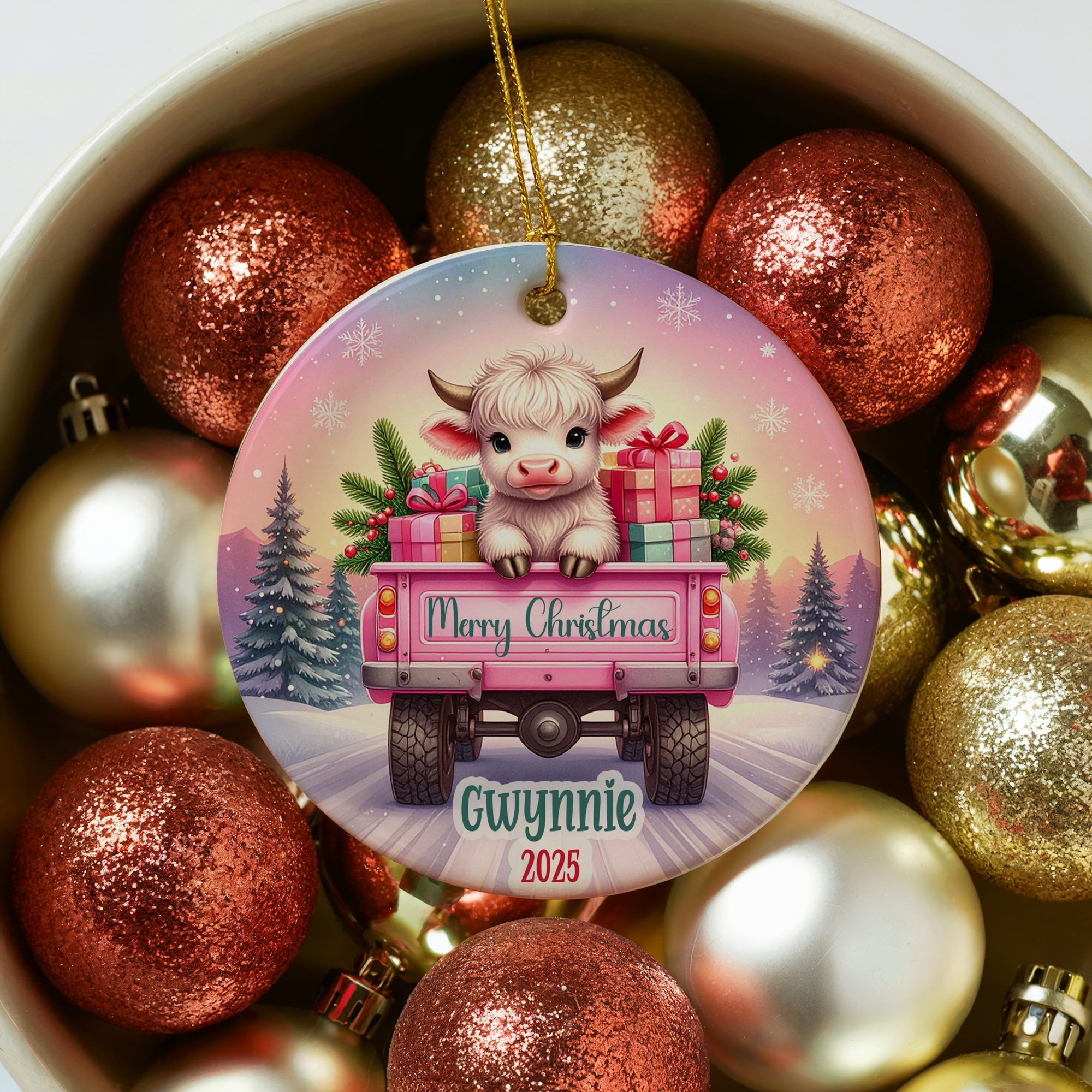 Personalized Pink Highland Cow Ornament, Kids Gift Ornament, Add Any Name Keepsake Ornament, Gift For Grandchild, Highland Cow Lover Gift