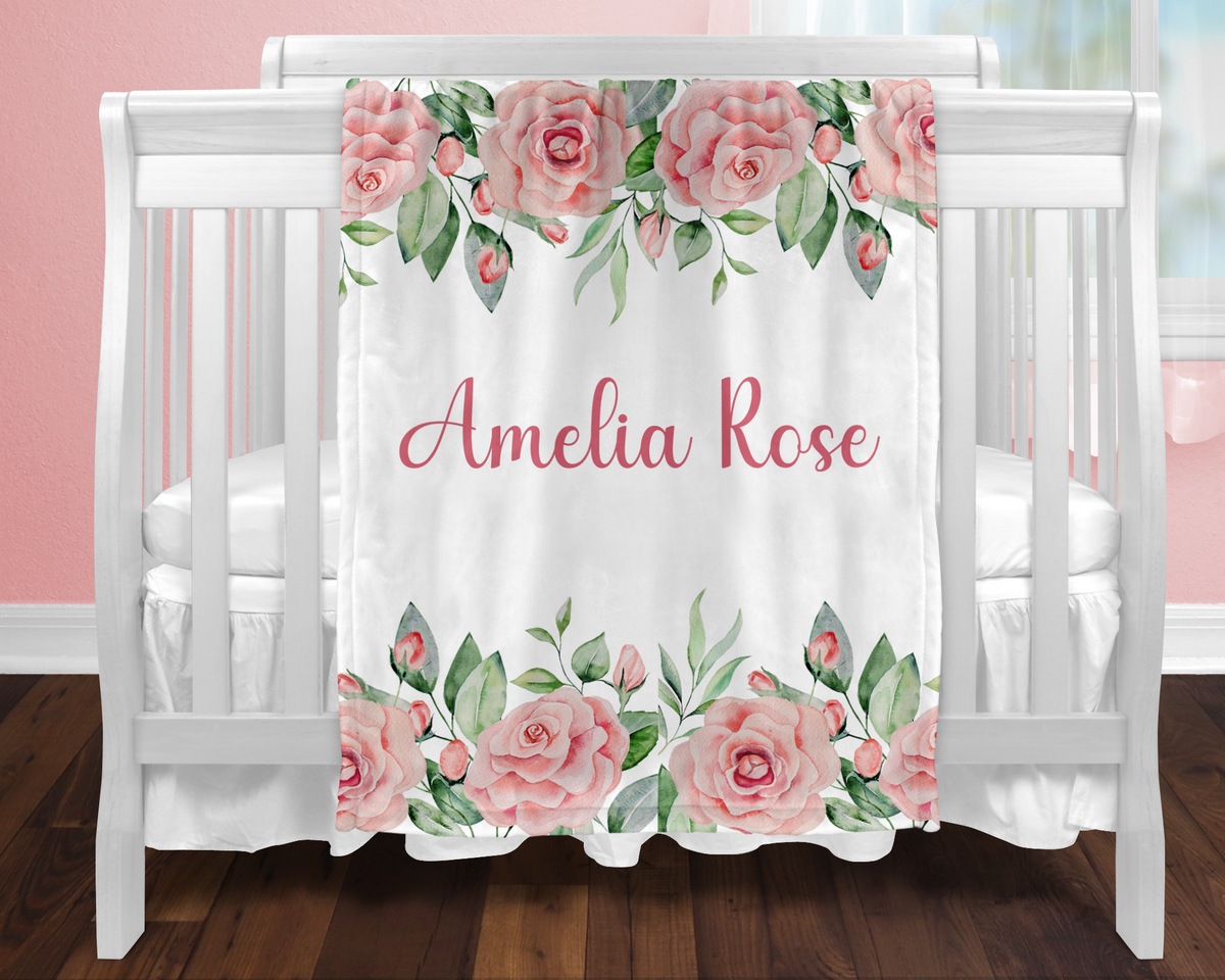 Custom Baby Girl Roses Blanket, New Baby Gift, Baby Shower Gift, Gift For Girl, Personalized Pink Nursery Blanket,  Rose Toddler Blanket