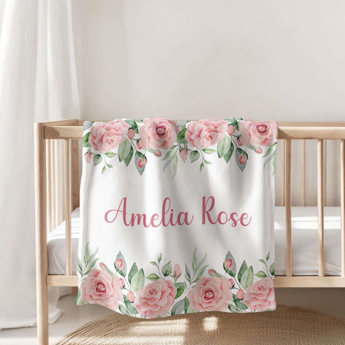 Custom Baby Girl Roses Blanket, New Baby Gift, Baby Shower Gift, Gift For Girl, Personalized Pink Nursery Blanket,  Rose Toddler Blanket