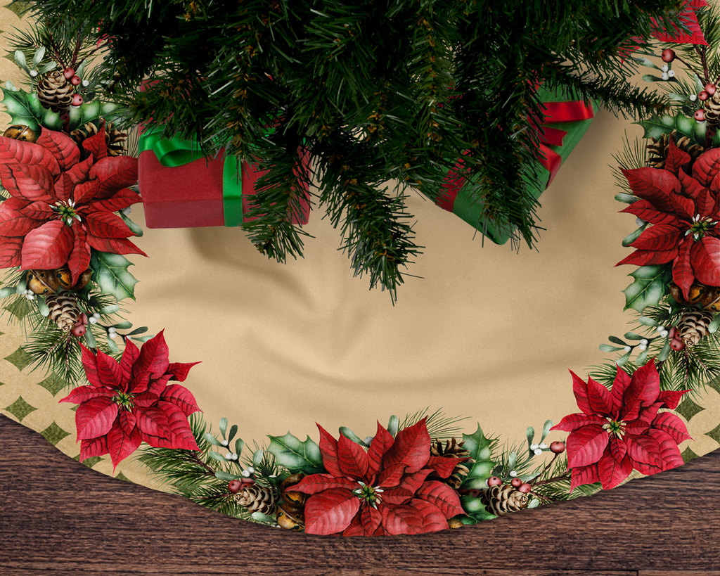 Poinsettias Christmas Tree Skirt, Christmas Tree Decor, Christmas Holiday Decor, Christmas Gift, Poinsettia Decor, Rustic Holiday Decor