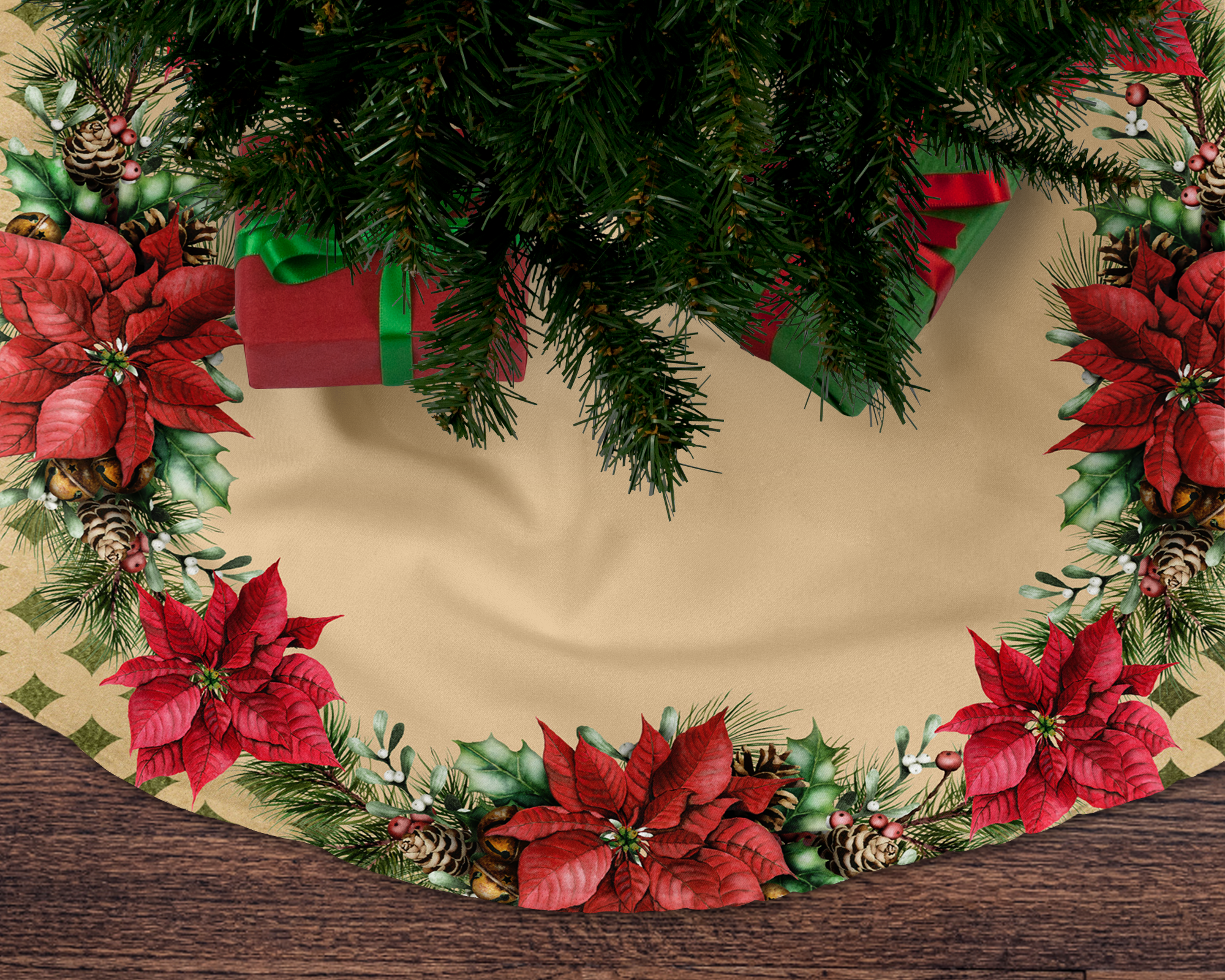 Poinsettias Christmas Tree Skirt, Christmas Tree Decor, Christmas Holiday Decor, Christmas Gift, Poinsettia Decor, Rustic Holiday Decor