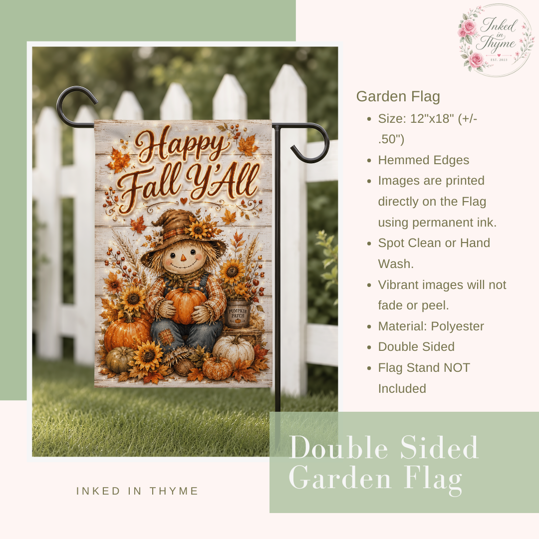 Happy Fall Y'All Scarecrow Garden Flag, 12x18 Double Sided Flag: Front Yard Decor