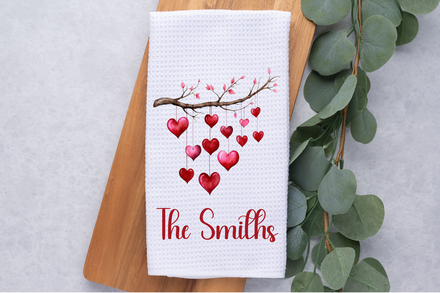 Personalized Hearts Tea Dish Hand Kitchen Towel, Valentine's Day Kitchen Towel Decor Gift, Hostess Housewarming Gift, Gift For Her