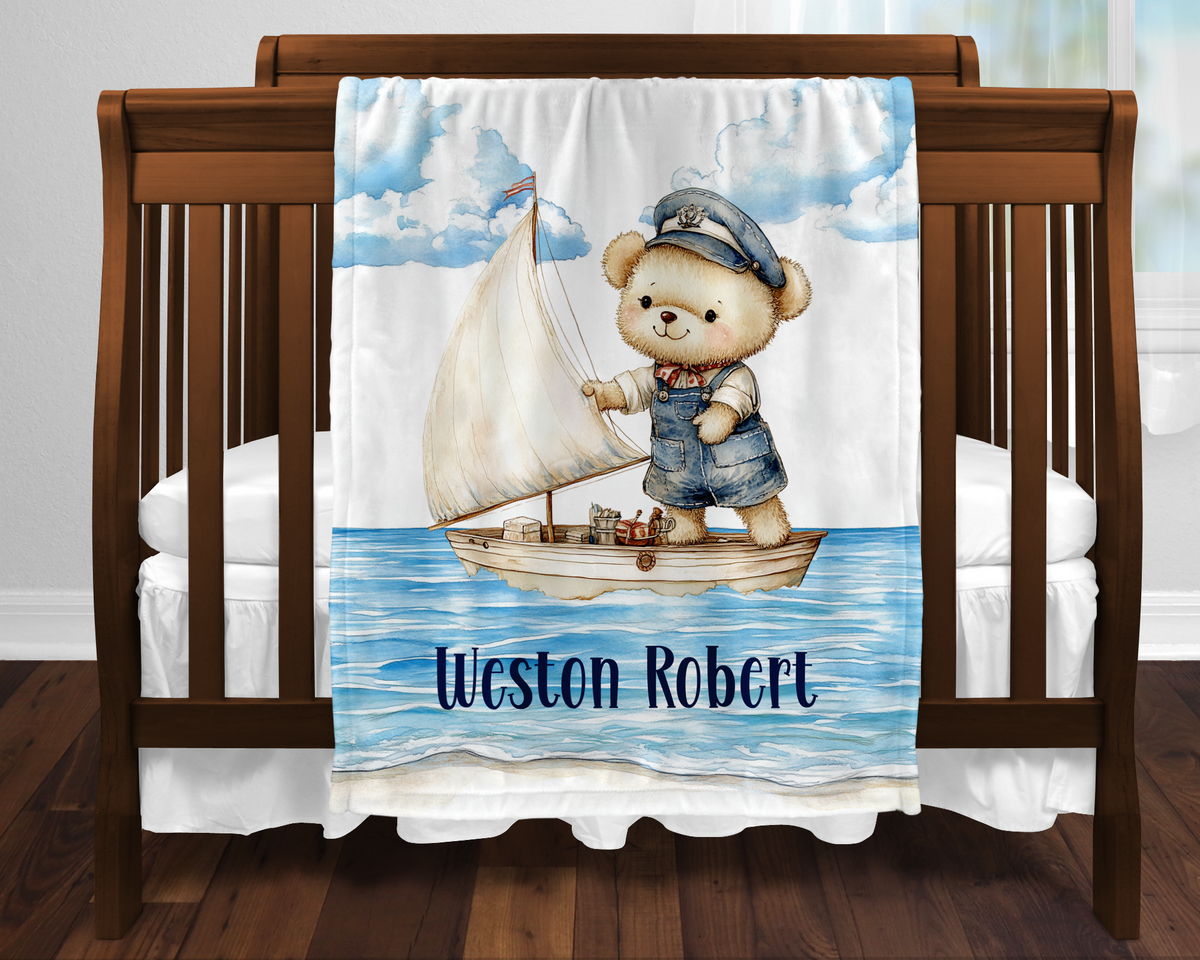 Custom Sailor Bear Baby Blanket, New Baby Gift, Baby Shower Gift, Gift For Boy, Teddy Bear Nursery Blanket, Nautical Toddler Blanket